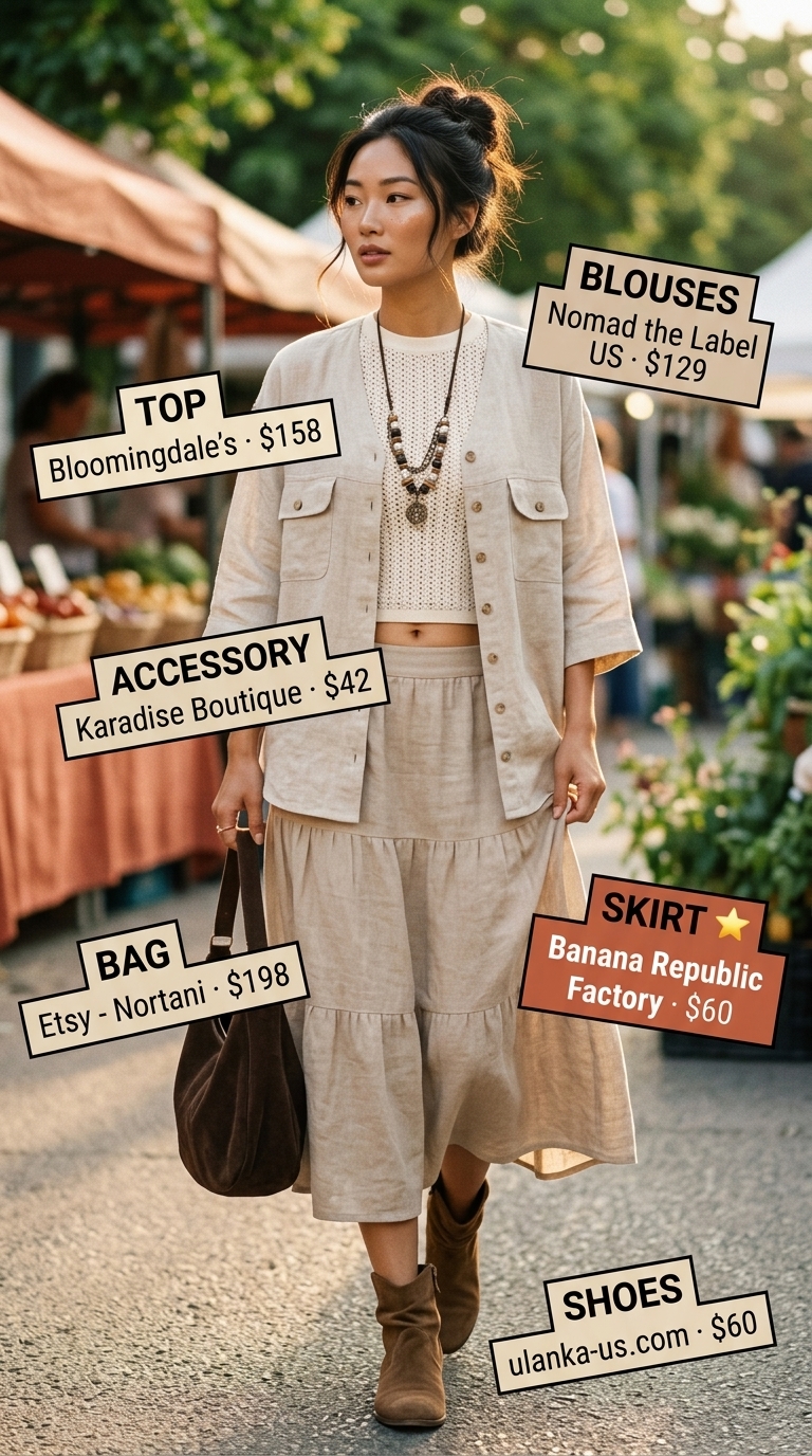 Boho linen skirt ensemble with crochet top and suede boots for festivals. Summer linen blouses for women 2026.