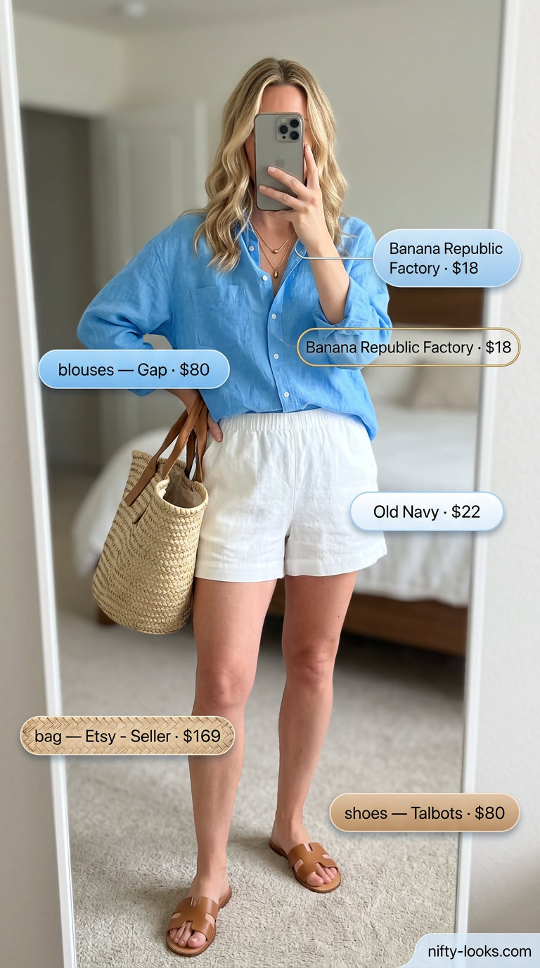 Sky blue oversized linen blouse for women 2026, paired with white shorts for a relaxed coastal vibe.