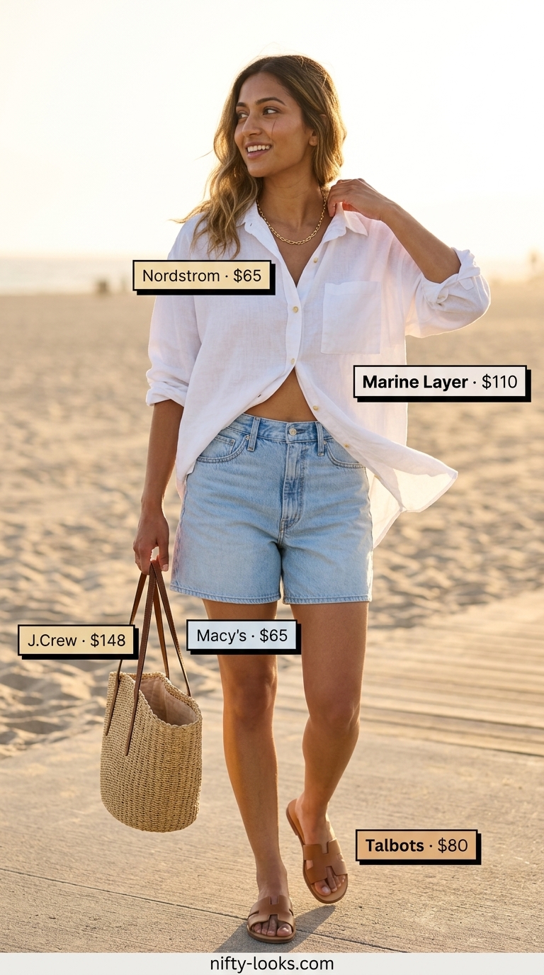 Coastal Breeze Linen Look: White oversized linen shirt with denim shorts and straw tote. Summer linen blouses for women 2026.