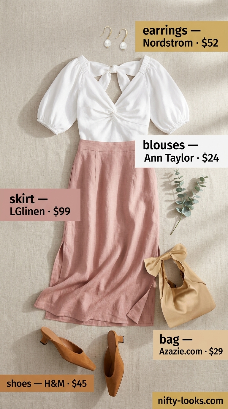 Chic dusty rose linen skirt with cream top for summer weddings. Summer linen blouses for women 2026.