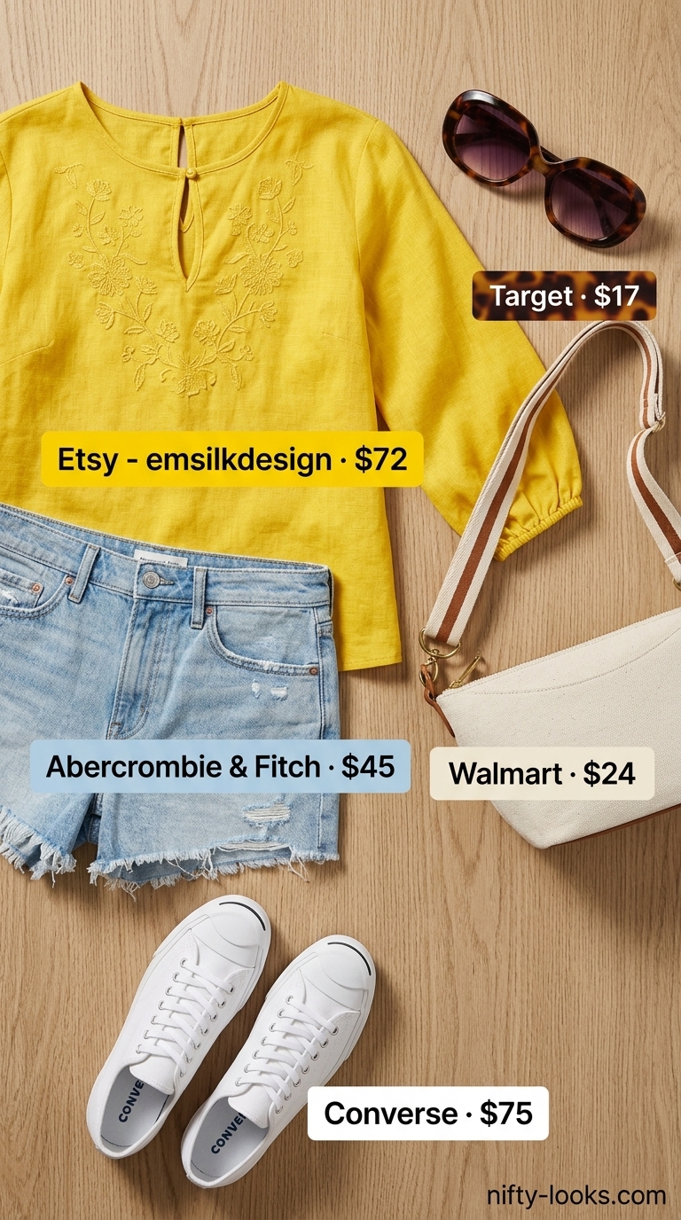 Bright yellow linen blouse for women 2026, paired with denim shorts for a vibrant summer festival look.