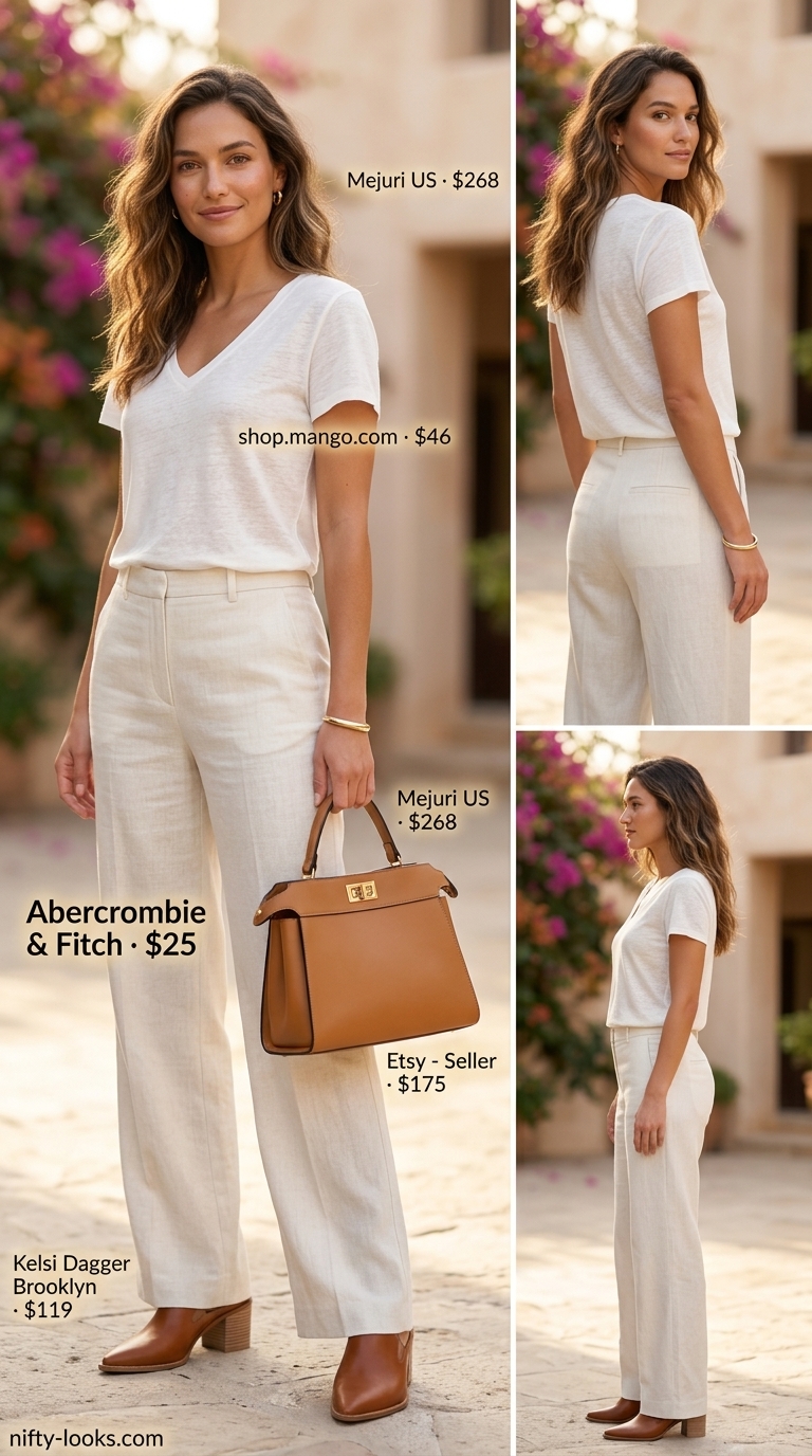 Minimalist Linen Chic: Cream linen blouse with camel wide-leg trousers and mules. Summer linen blouses for women 2026.