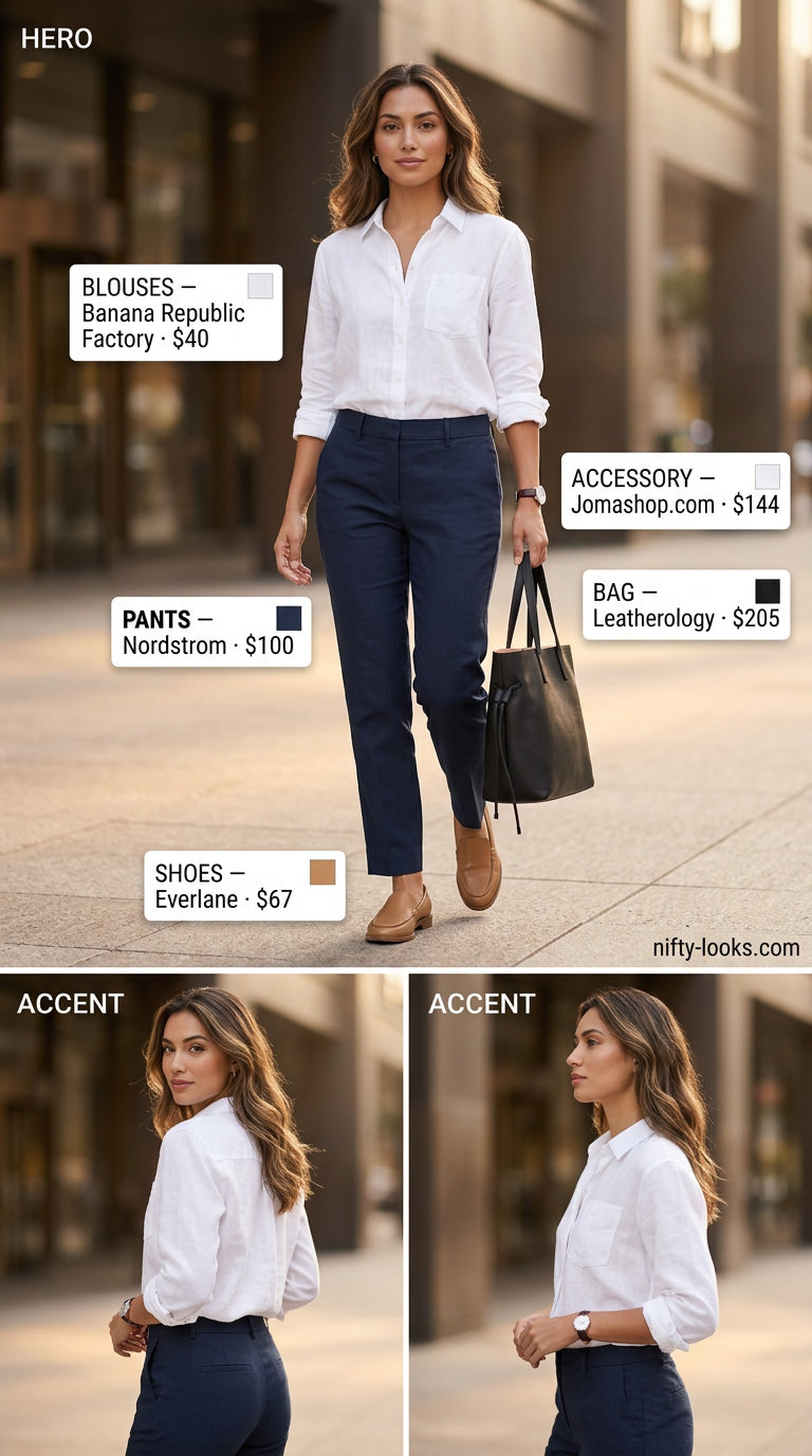 Summer office navy linen blend trousers with white linen shirt for business casual. Summer linen blouses for women 2026.
