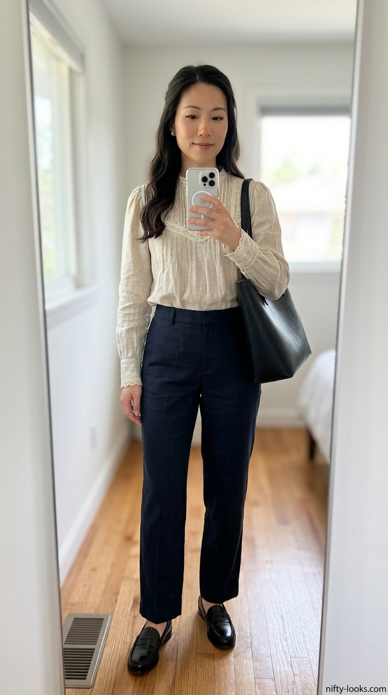 Ivory linen blouse for women 2026, styled with navy trousers for a polished summer office look.