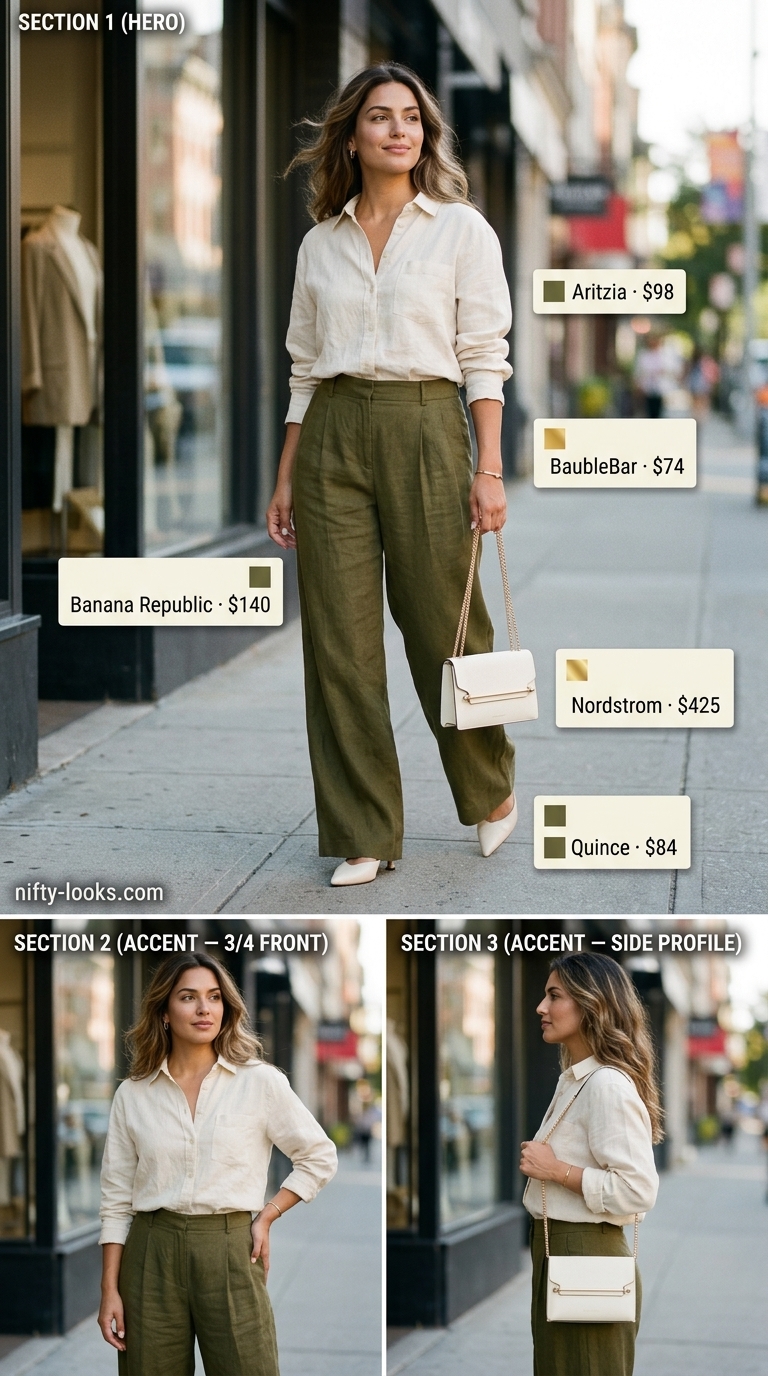 Elegant olive green linen set with cream mules for summer evenings. Summer linen blouses for women 2026.