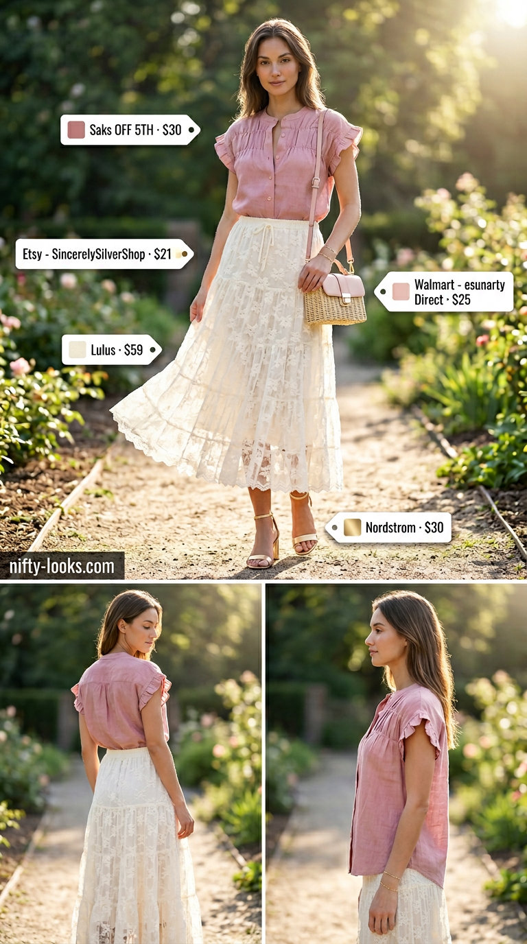 Pastel Summer Romance: Blush pink linen peasant blouse with cream midi skirt and gold sandals. Summer linen blouses for women 2026.