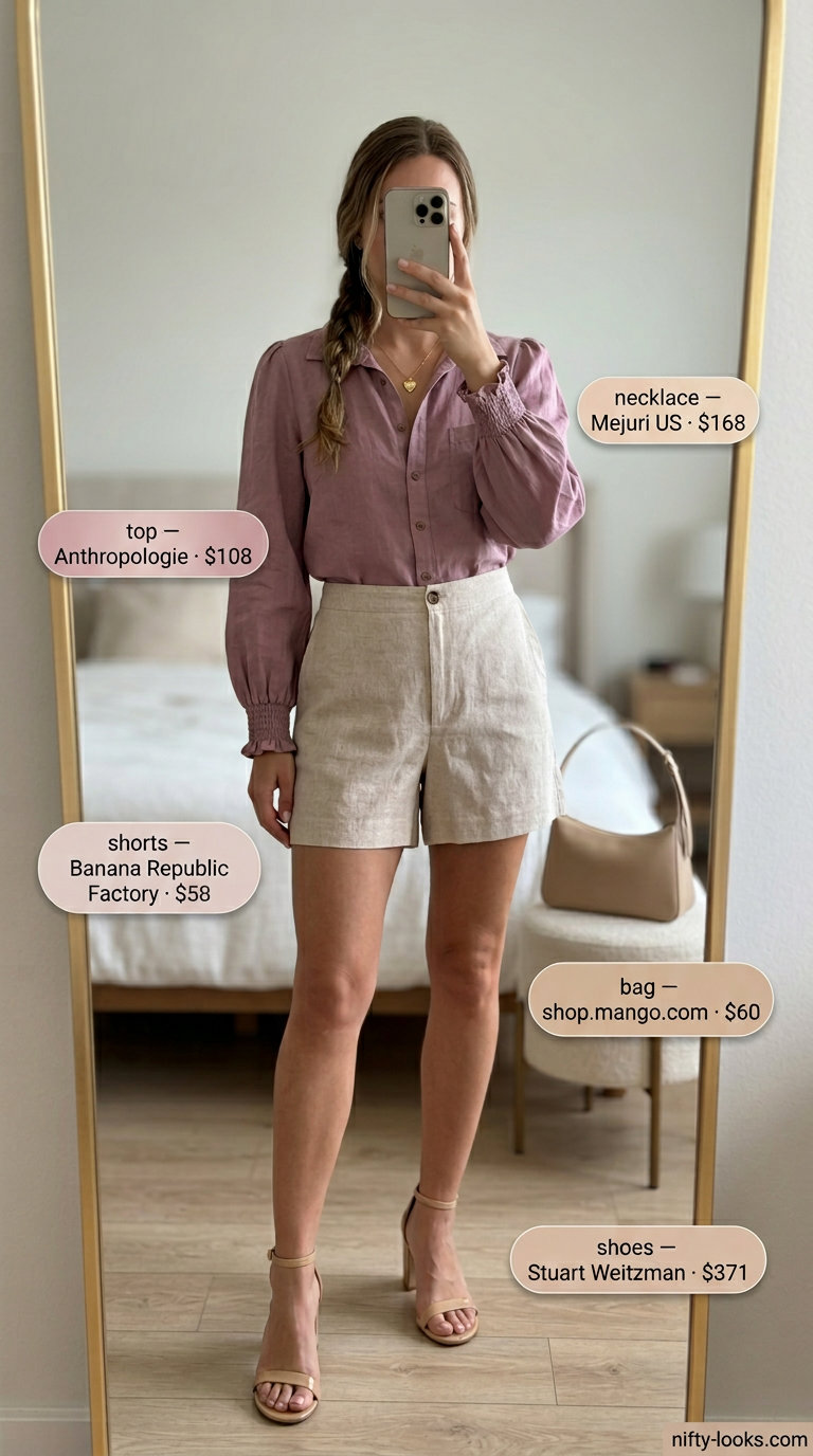 Al fresco luncheon pastel pink linen blouse with beige linen shorts for garden parties. Summer linen blouses for women 2026.