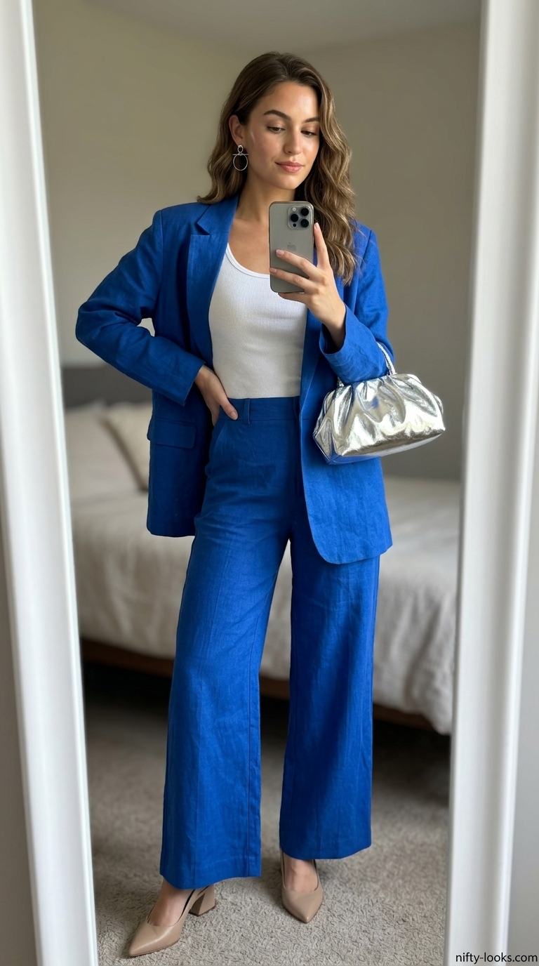 Cobalt blue linen blazer and trousers for women 2026, creating a powerful monochrome suit.