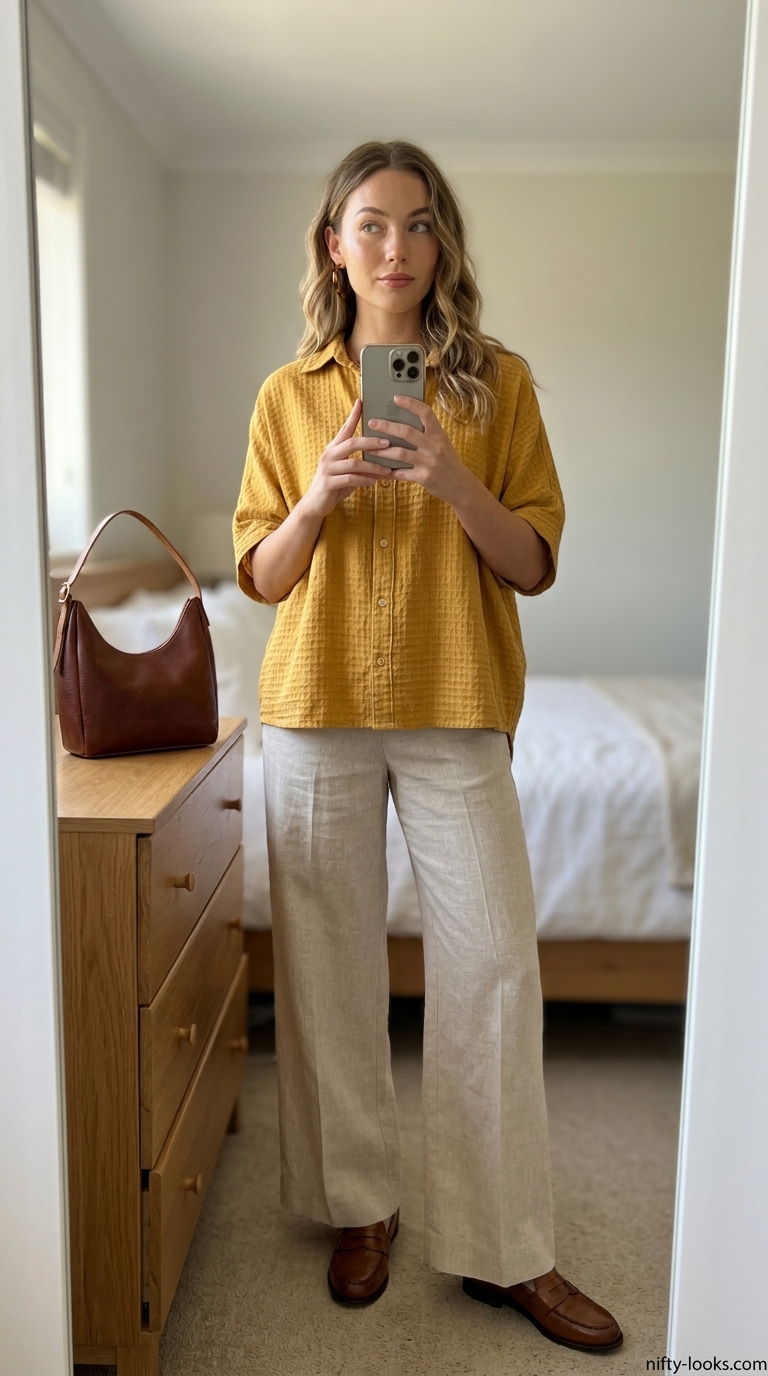 Mustard yellow textured linen blouse for women 2026, styled with beige trousers for a warm brunch look.