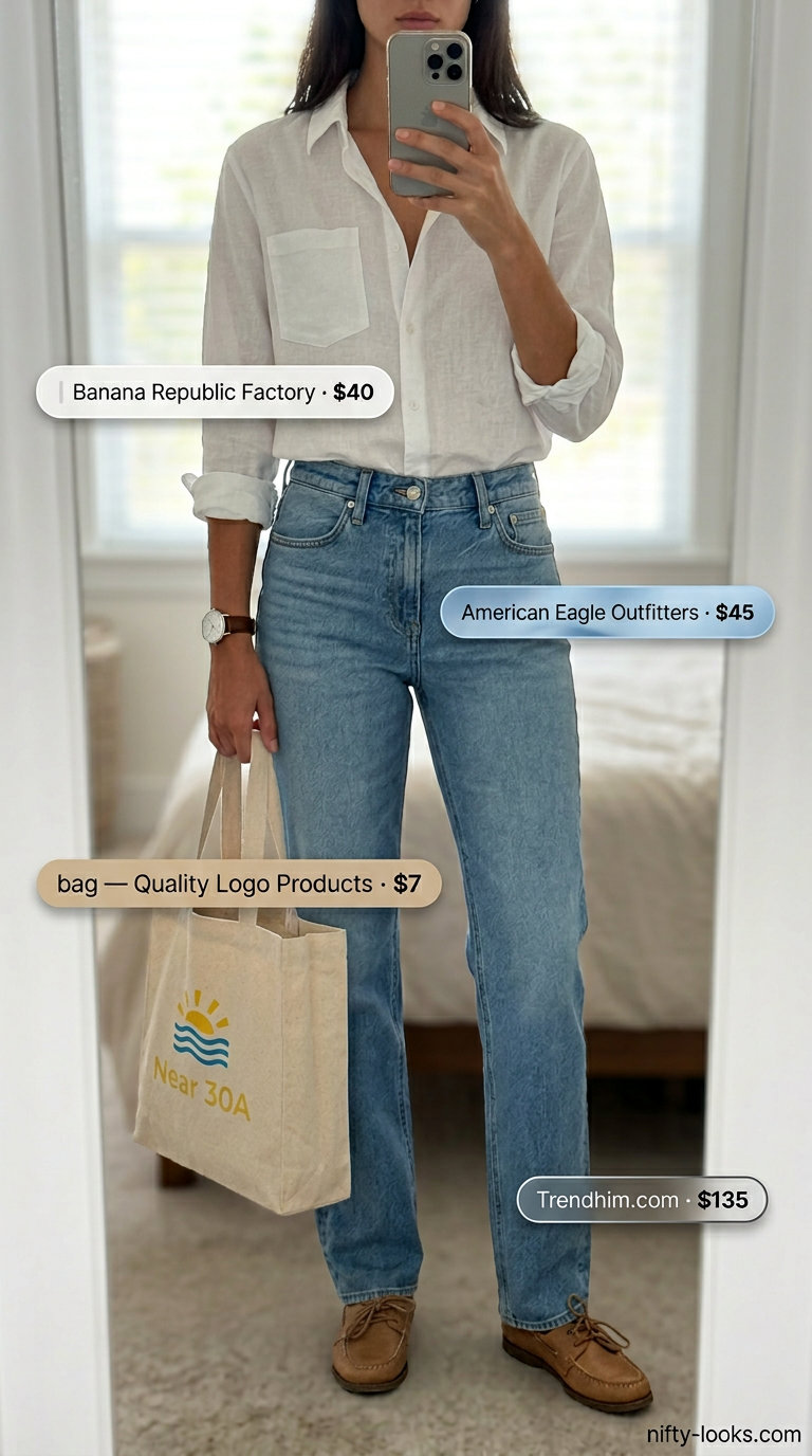 Weekend market chic white linen shirt with denim jeans for casual errands. Summer linen blouses for women 2026.