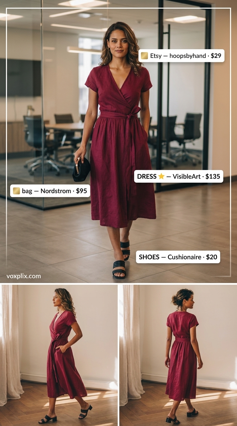 Elegant Burgundy Linen Wrap Dress for Business 2026 Burgundy linen wrap dress with black sandals for a summer linen business casual outfit for women 2026. Elegant and versatile.