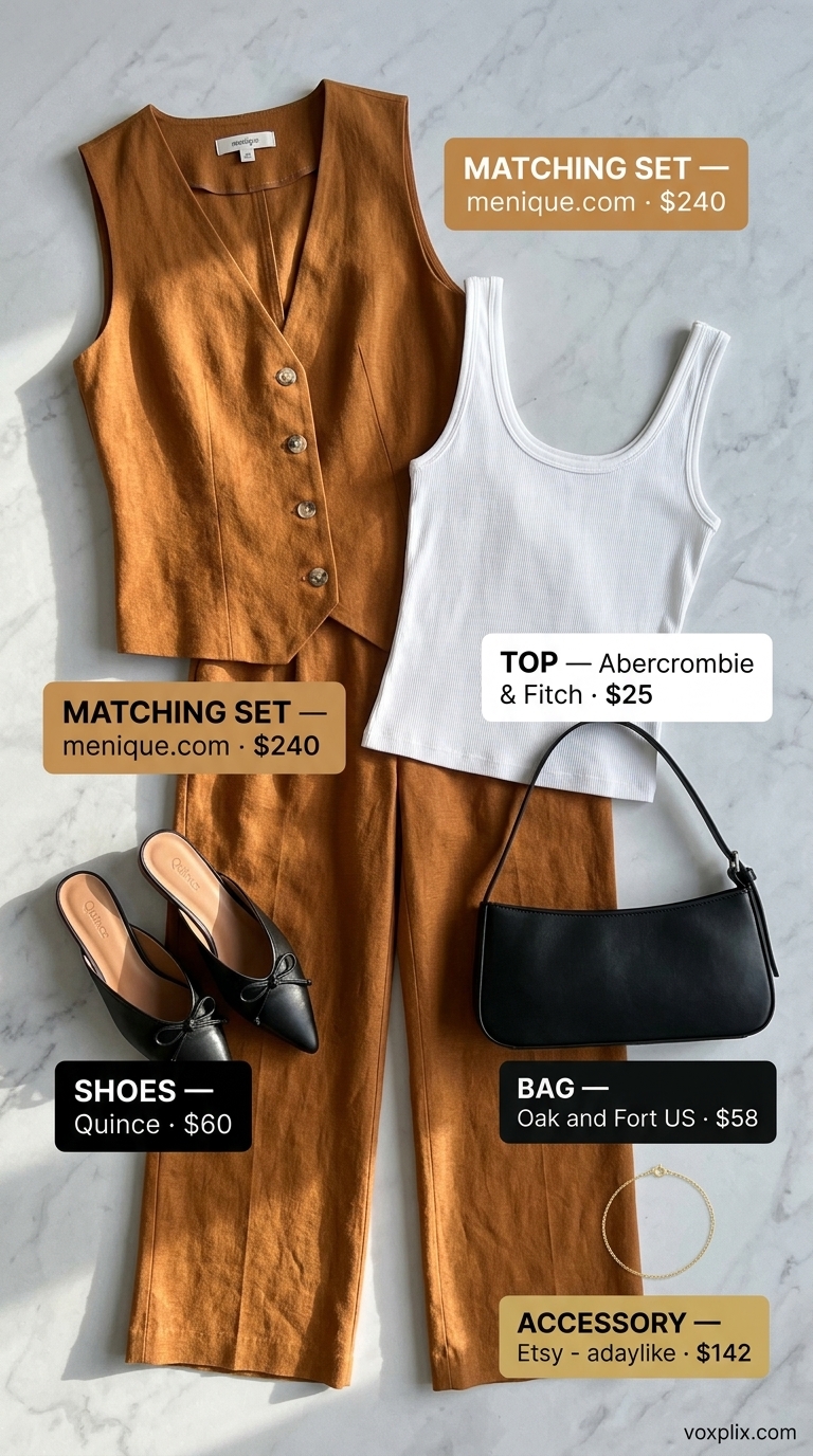 Summer Linen Business Casual Outfit 2026 Camel linen matching set for women 2026: Vest and trousers, white tank, black mules. Chic office.