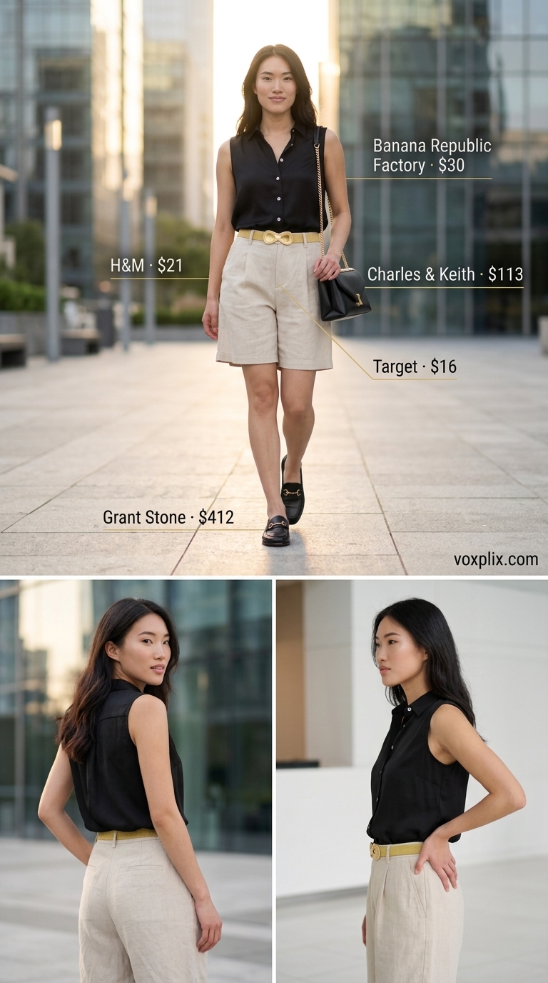 Modern Beige Linen Shorts for Business Casual 2026 Beige linen shorts with black blouse for a summer linen business casual outfit for women 2026. Modern and comfortable.