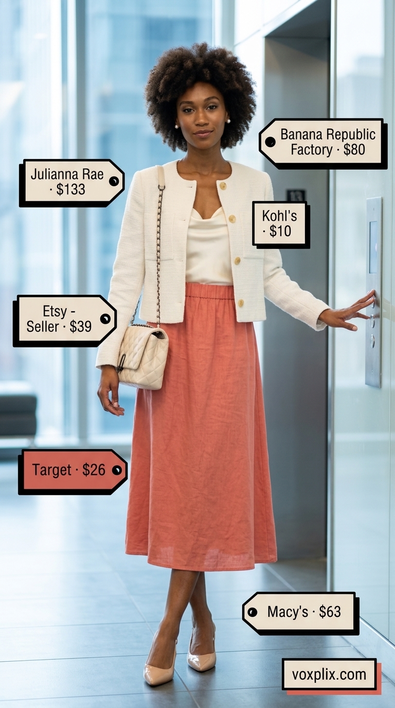 Summer Linen Business Casual Outfit 2026: Coral Skirt Summer linen business casual outfit for women 2026: Coral linen skirt, cream blazer, nude heels for creative office.