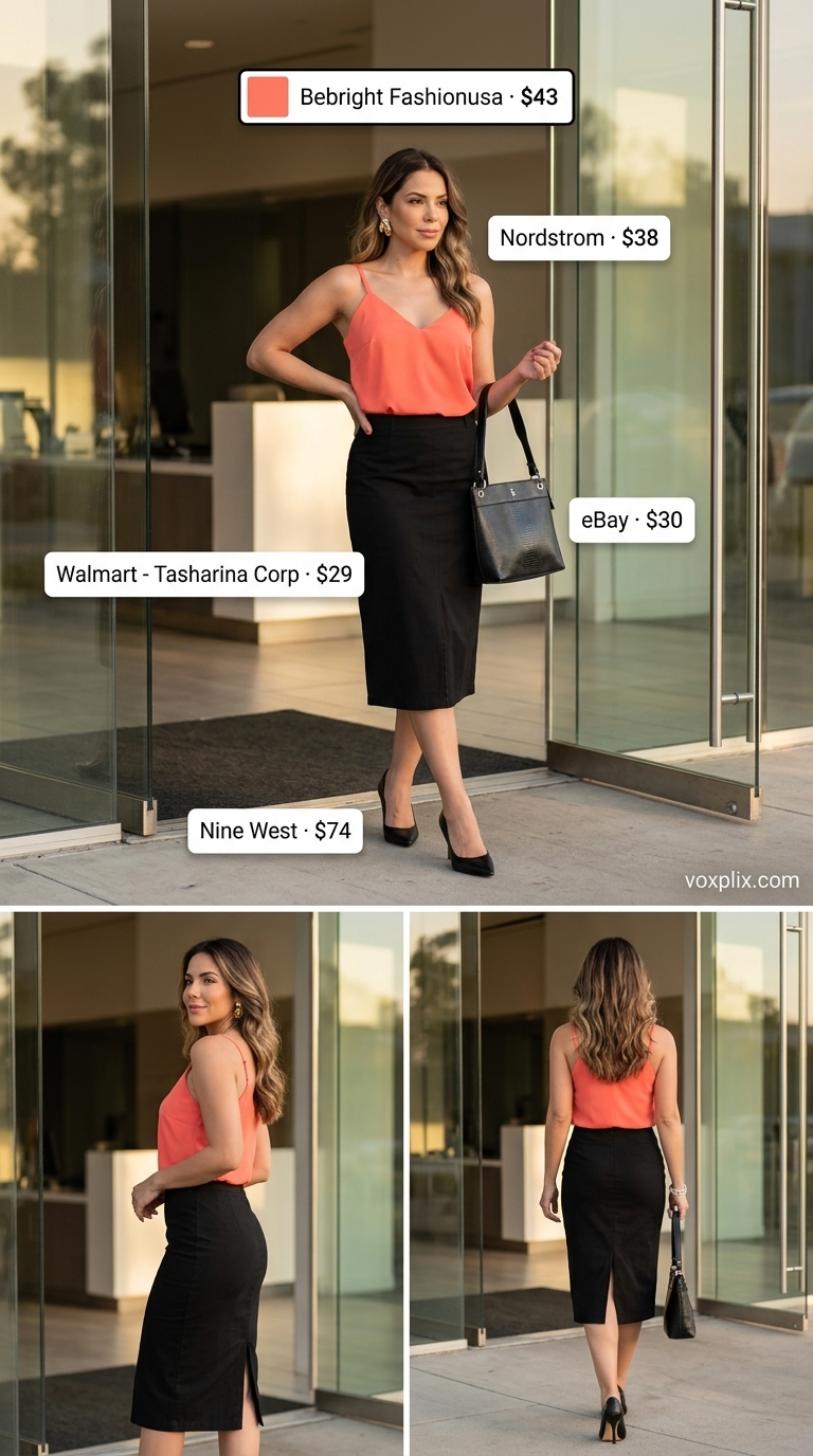 Versatile Black Linen Skirt Outfit for Business 2026 Black linen pencil skirt with coral blouse for a summer linen business casual outfit for women 2026. Polished and versatile.