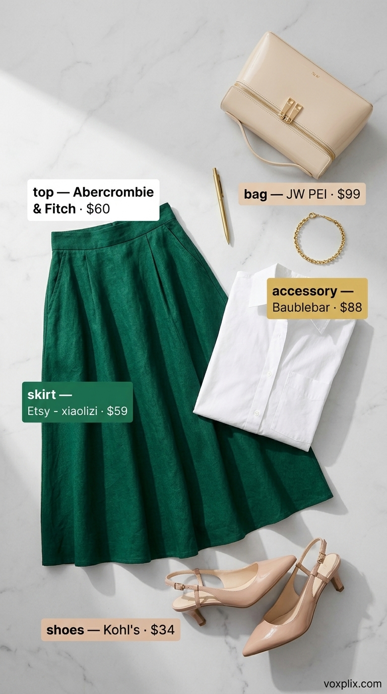 Summer Linen Business Casual Outfit 2026 Emerald green linen skirt outfit for women 2026: White oversized shirt, nude heels. Office chic.