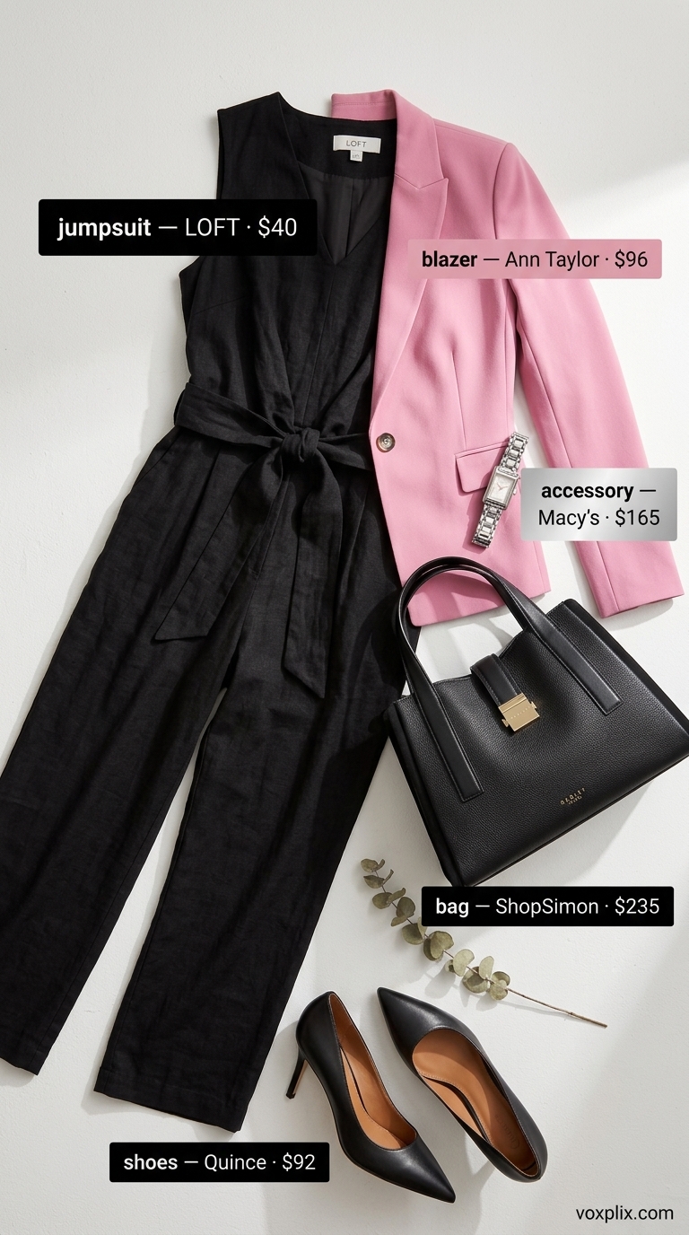 Summer Linen Business Casual Outfit 2026: Grey Jumpsuit Summer linen business casual outfit for women 2026: Charcoal jumpsuit, blush blazer, black pumps for important meetings.