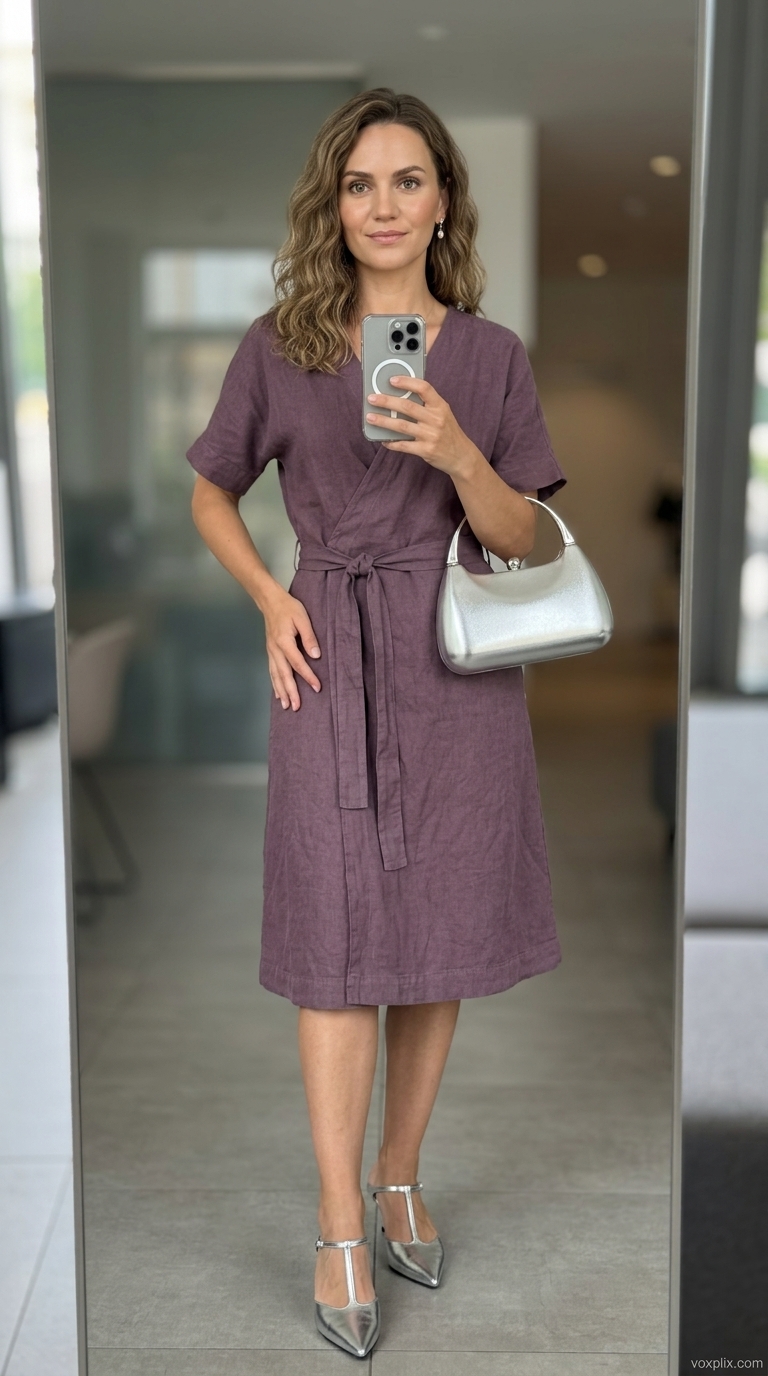 Summer Linen Business Casual Outfit 2026: Lavender Dress Summer linen business casual outfit for women 2026: Lavender wrap dress, metallic heels, pearl earrings for client lunch.