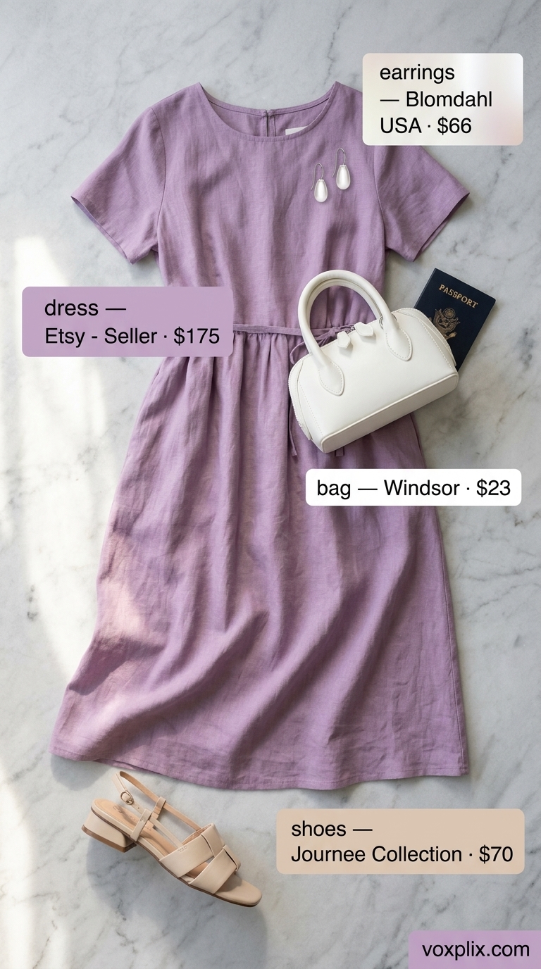 Summer Linen Business Casual Outfit 2026 Lavender linen dress outfit for women 2026: White tote, beige sandals. Graceful office look.