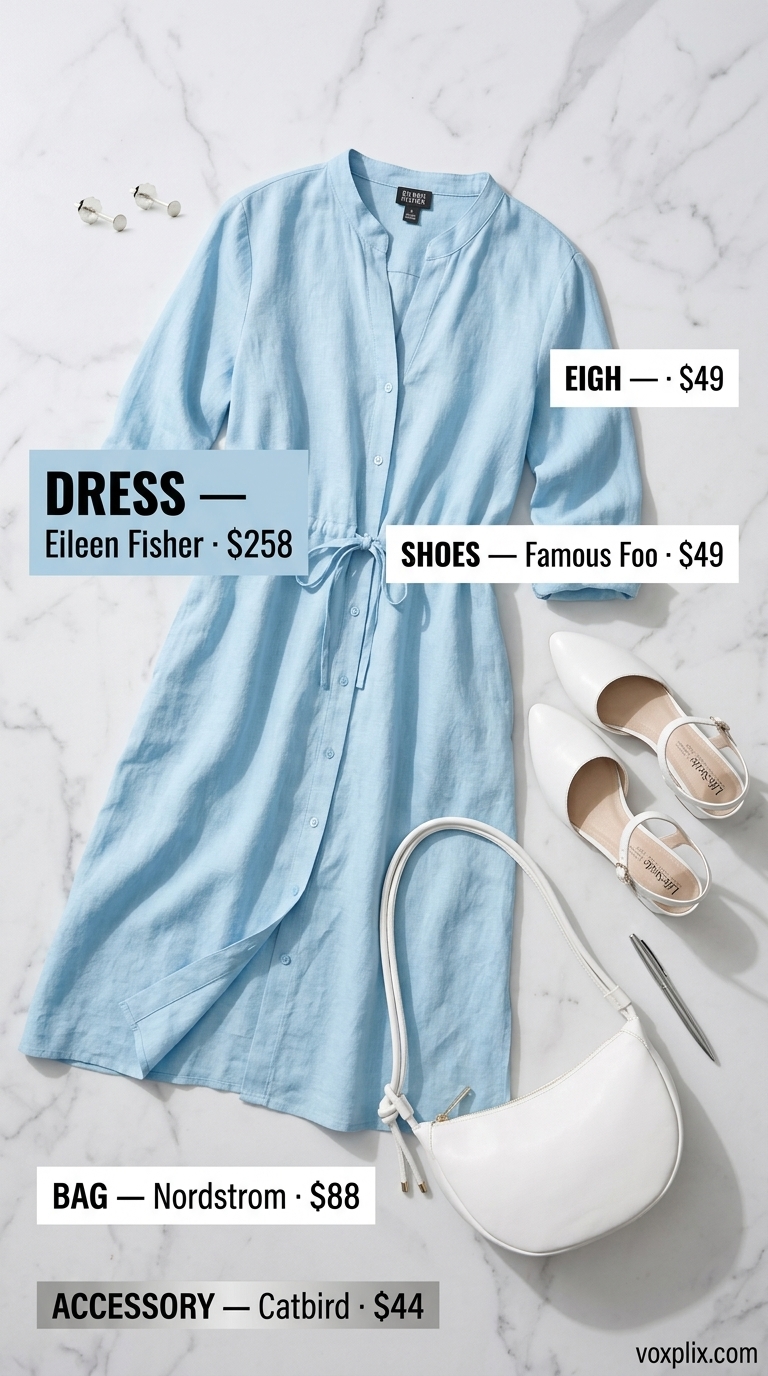 Classic Sky Blue Linen Dress for Business Casual 2026 Sky blue linen shirt dress with white accessories for a summer linen business casual outfit for women 2026. Classic and professional.