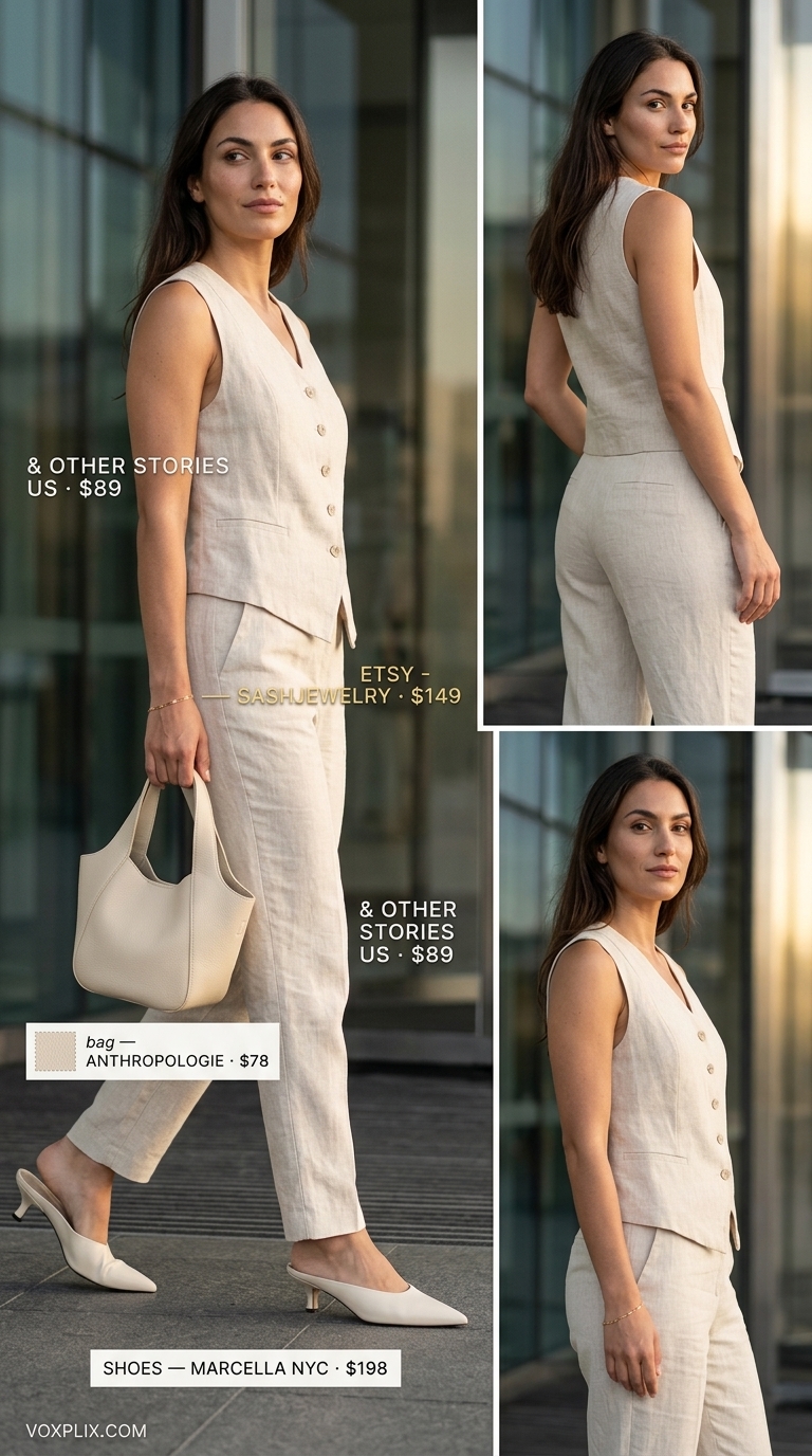 Cohesive Cream Linen Set for Business Casual 2026 Cream linen matching set for a summer linen business casual outfit for women 2026. Sleek and cohesive.