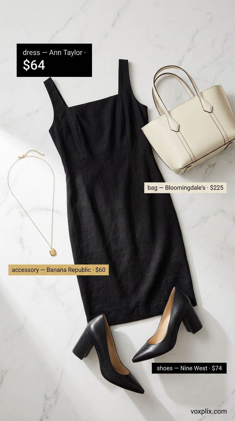 Sleek Black Linen Dress for Business Casual 2026 Black linen sheath dress with ivory tote for a summer linen business casual outfit for women 2026. Sleek and sophisticated.