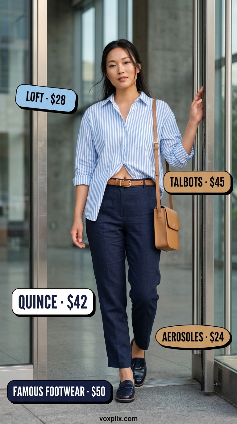 Summer Linen Business Casual Outfit 2026: Navy Pants Summer linen business casual outfit for women 2026: Navy tapered pants, striped shirt, tan loafers for casual Friday.