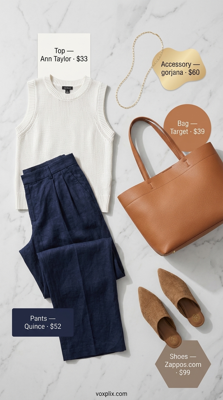 Summer Linen Business Casual Outfit 2026 Navy linen pants outfit for women 2026: Ivory knit top, tan mules, gold necklace. Perfect for office.