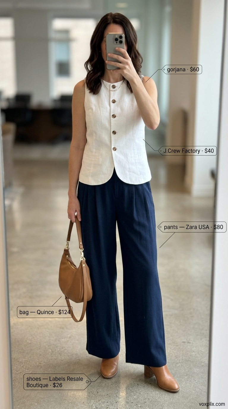 Summer Linen Business Casual Outfit 2026 Navy linen trousers outfit for women 2026: White vest, tan mules, leather bag. Polished office.