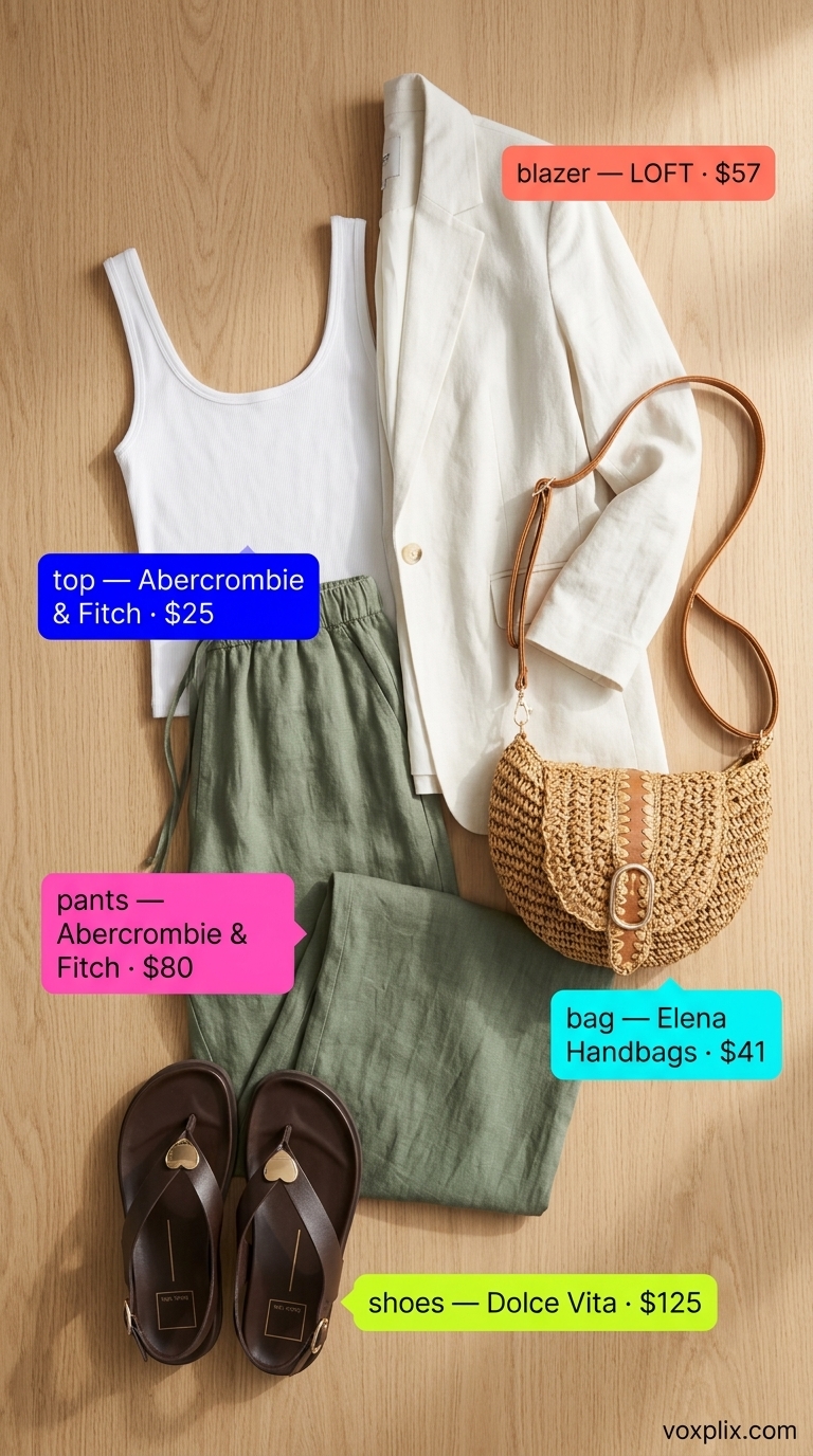 Summer Linen Business Casual Outfit 2026 Olive green linen pants outfit for women 2026: White linen blazer, ribbed tank. Relaxed office.