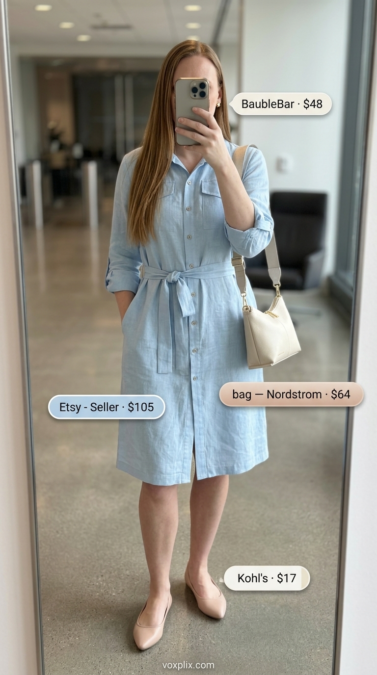 Summer Linen Business Casual Outfit 2026 Sky blue linen shirt dress for women 2026: Nude flats, crossbody bag. Breezy office look.