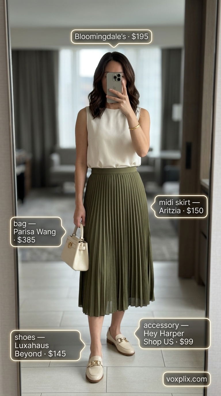 Chic Olive Linen Skirt for Business Casual 2026 Olive green linen midi skirt with cream top for a summer linen business casual outfit for women 2026. Chic and elegant.