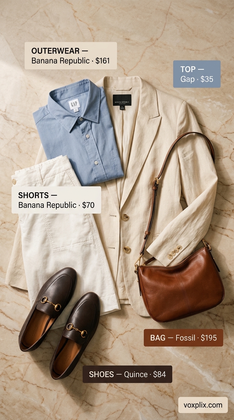 Smart Cream Linen Shorts Outfit for Business 2026 Cream linen shorts with light blue shirt and blazer for a summer linen business casual outfit for women 2026. Trendy and smart.