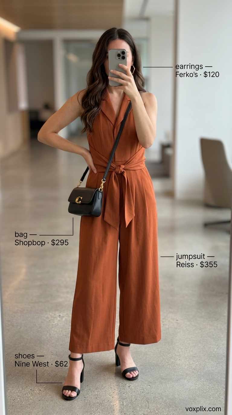 Bold Terracotta Jumpsuit for Business Casual 2026 Terracotta linen jumpsuit with gold earrings for a summer linen business casual outfit for women 2026. Bold and modern.