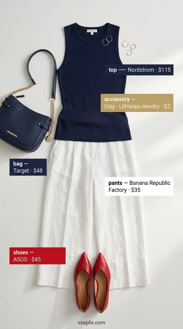 Summer Linen Business Casual Outfit 2026 White linen pants outfit for women 2026: Navy knit top, red flats. Nautical office style.