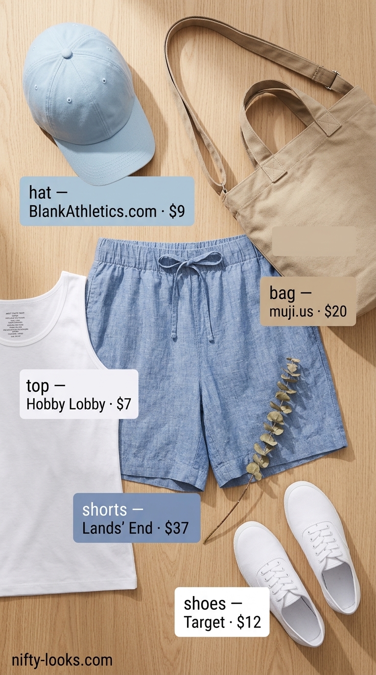Casual light blue linen shorts and white tank outfit for errands and relaxation. Shop summer linen sleeveless tops 2026.