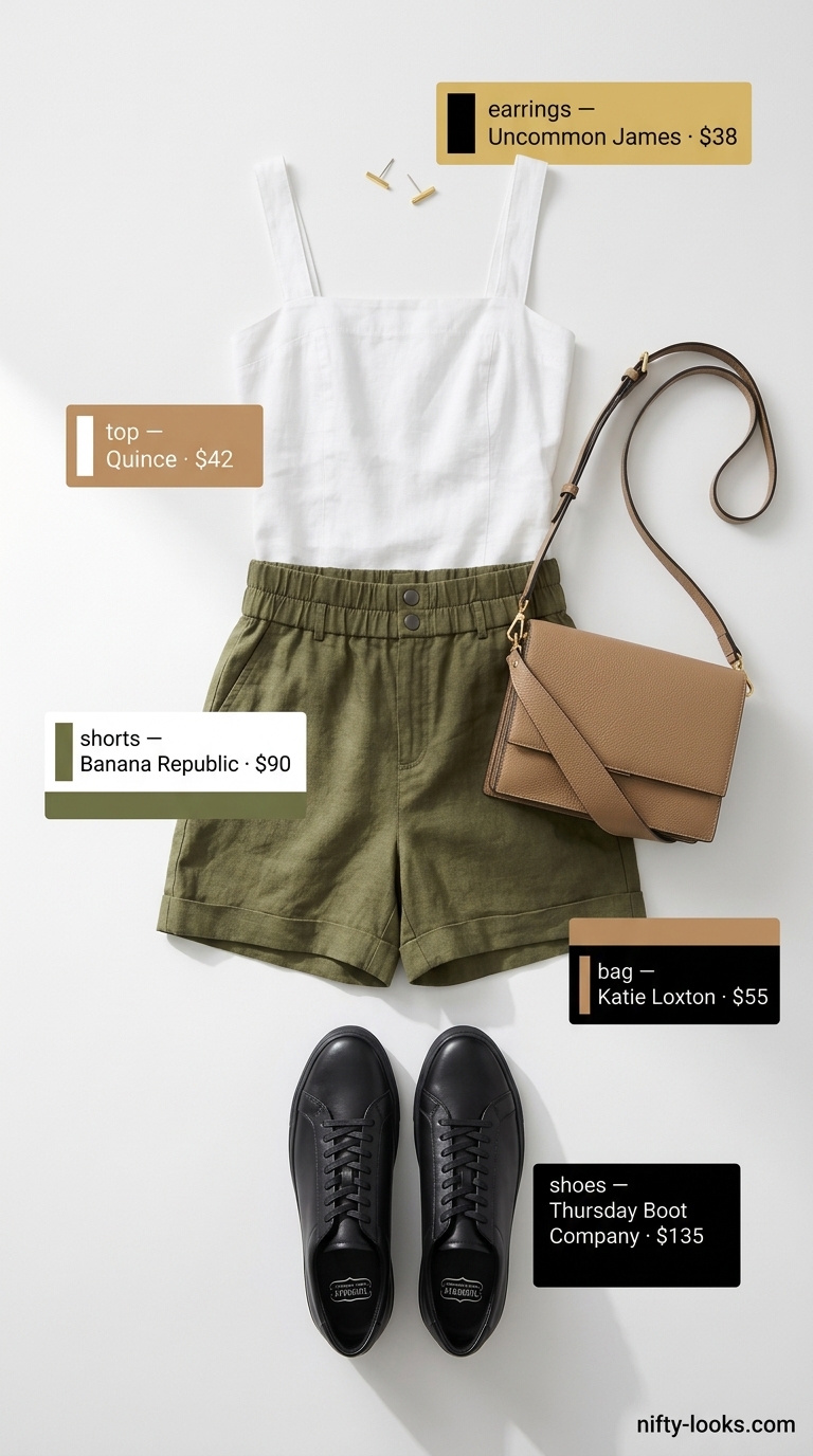 Olive green linen shorts outfit with white tank, perfect for city sightseeing and summer linen sleeveless tops 2026.
