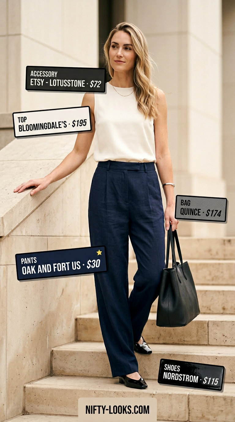 City Linen Trousers: Navy blue linen trousers, white silk shell top, black flats. Sophisticated for smart casual 2026.