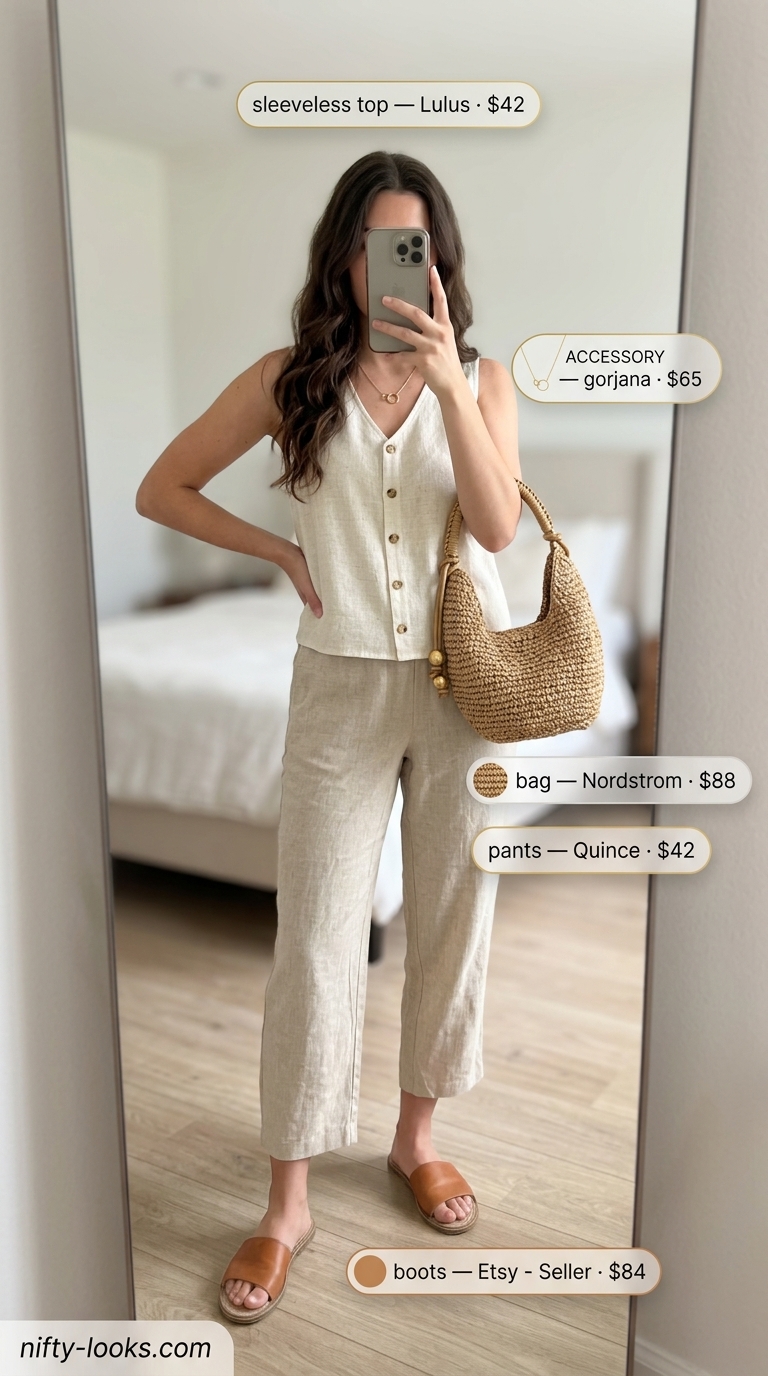 Coastal Breeze Linen: Cream linen sleeveless top, beige wide-leg pants, gold necklace. Perfect for summer brunch or beach.