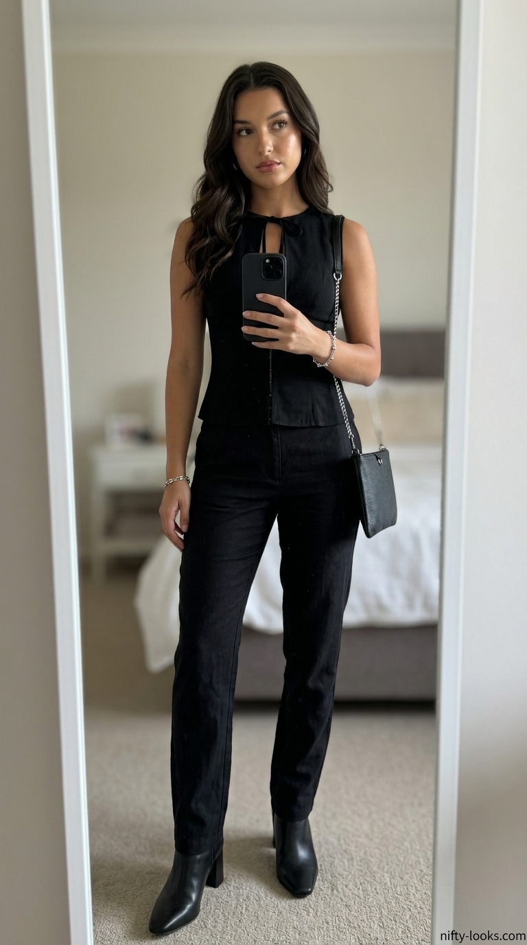 Edgy summer linen sleeveless tops 2026 outfit with black cut-out top, slim trousers, and ankle boots.