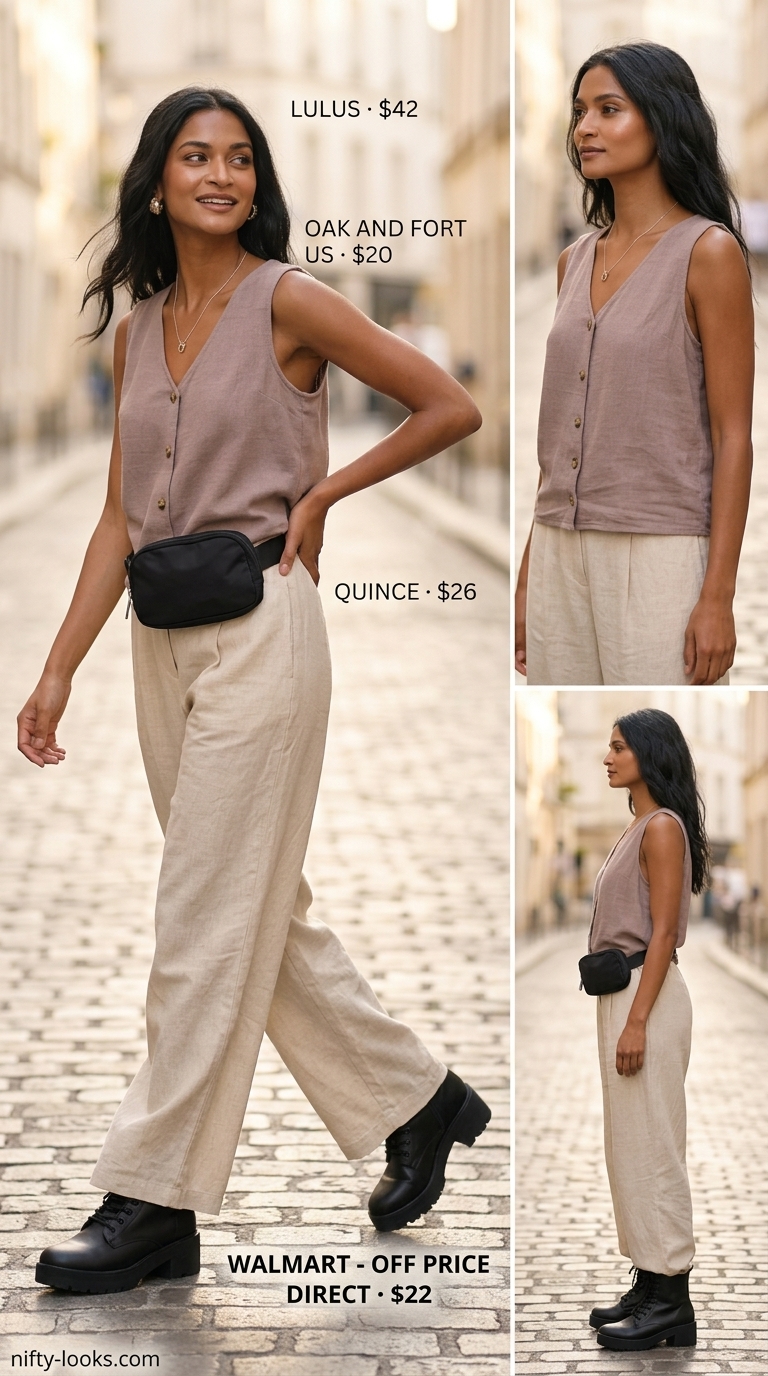 Beige linen cargo set with combat boots for edgy casual style. Explore summer linen sleeveless tops 2026.