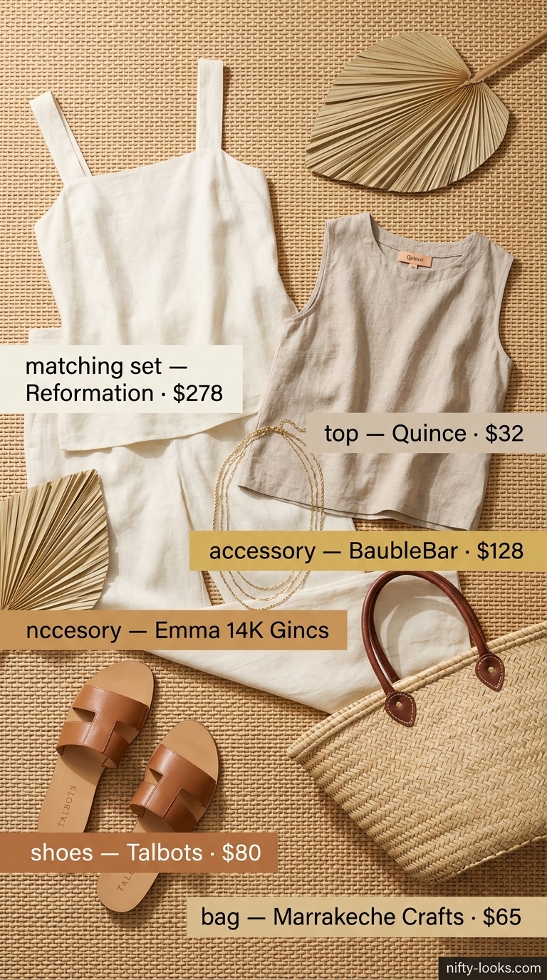 Relaxed summer linen sleeveless tops 2026: white crop top and wide-leg pants set for beach or brunch.