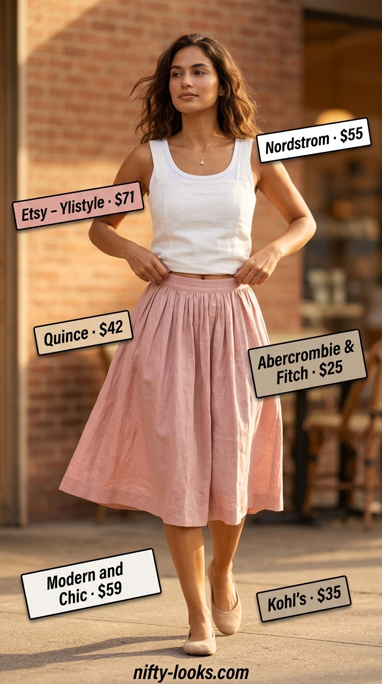 Linen Midi Skirt Ease: Blush pink linen skirt, white tee, tan flats. A sweet summer linen sleeveless top outfit for daytime.