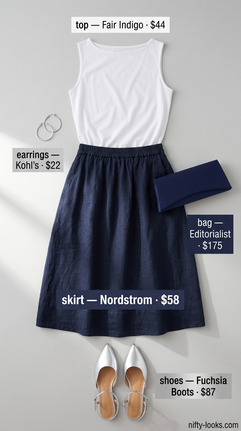 Sophisticated summer linen sleeveless tops 2026 outfit with navy A-line skirt, white knit top, and silver flats.