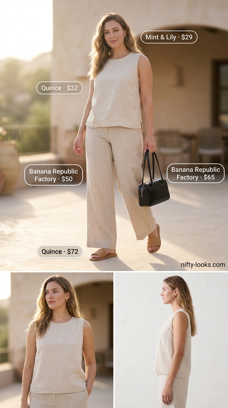 Minimalist Linen Tank & Pants: Cream knit tank, light beige linen pants, tan slides. Effortless casual elegance 2026.