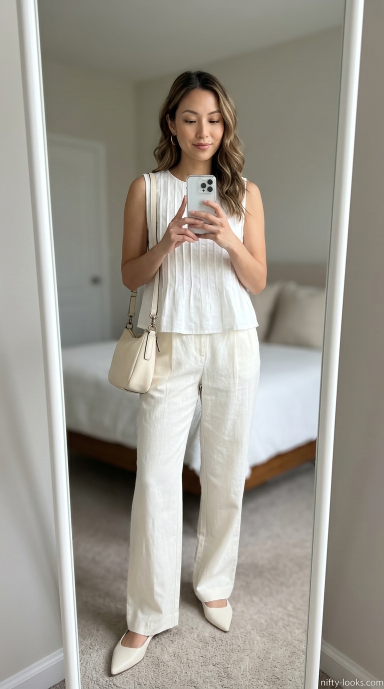 Monochrome Linen Chic: Ivory linen blouse, cream wide-leg pants, gold earrings. Elegant for upscale daytime 2026.