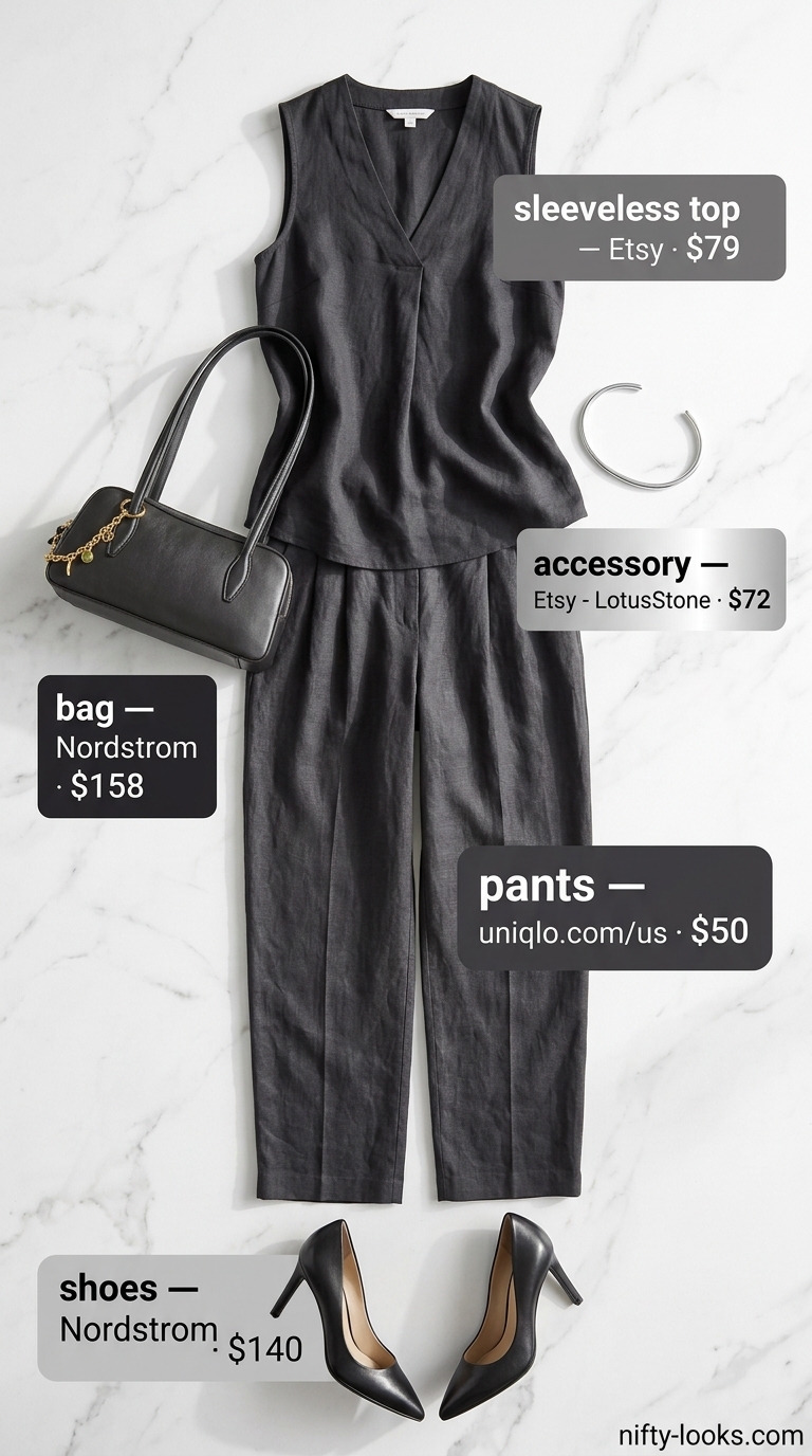 Monochrome Linen Power: Charcoal grey linen sleeveless top, black tailored pants, silver bracelet. Chic for business casual 2026.