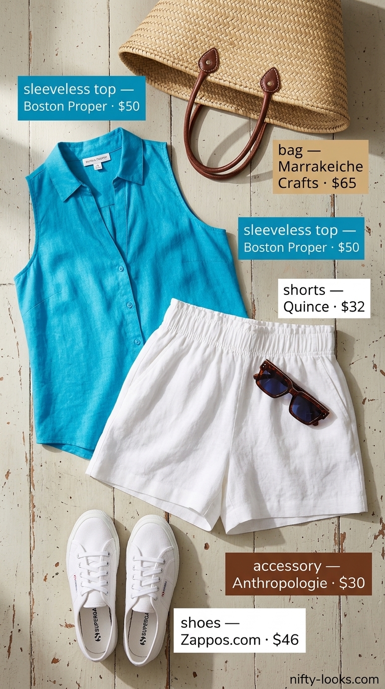 Fresh summer linen sleeveless tops 2026: sky blue blouse with white linen shorts for seaside excursions.