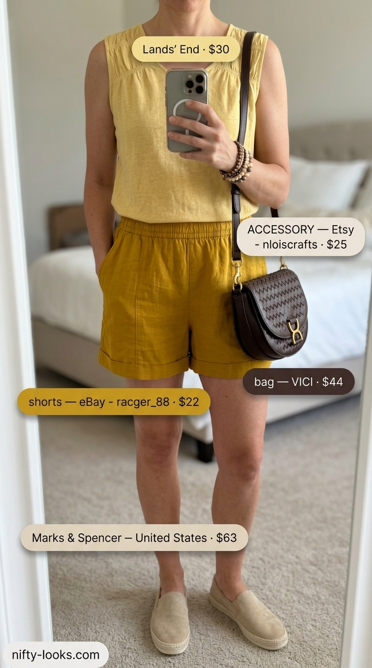 Playful summer linen sleeveless tops 2026: mustard yellow shorts and square neck crop top set.