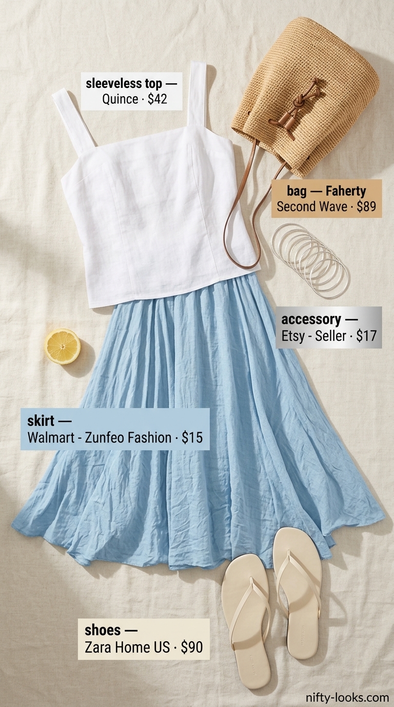 Sky blue linen midi skirt outfit with white tank for summer vacation. Shop summer linen sleeveless tops 2026.